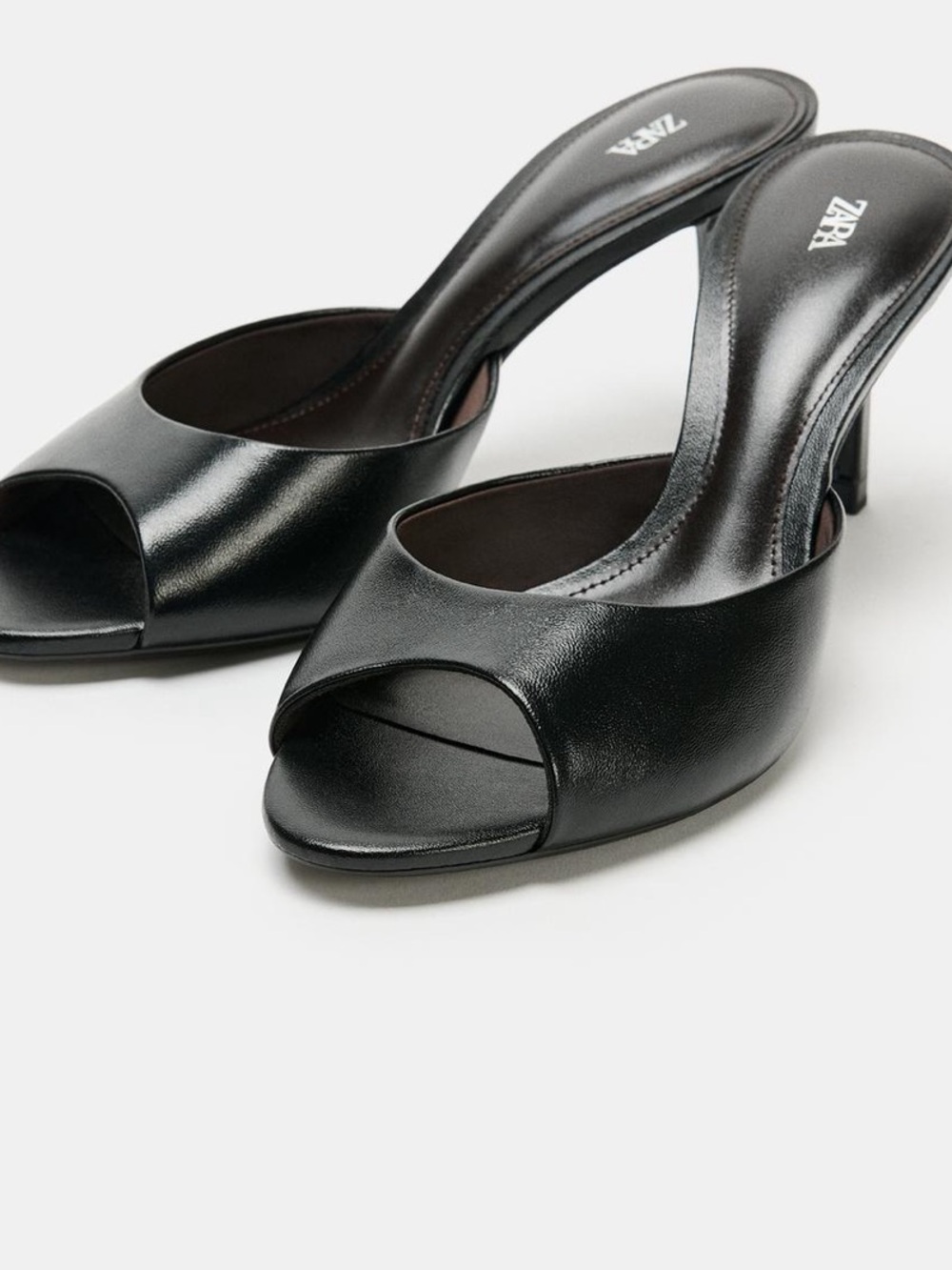 ZARA Black Leather Open-Toe Mule Heels